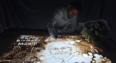 Sand Artist Manas Sahoo Portrays PM Modi As Lord Vishwakarma On 76th Birthday